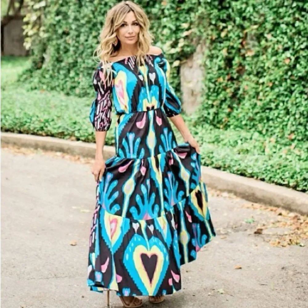 Sheridan French Women’s Size Medium Isabel Maxi Dress Black Blue Heart Ikat NWOT